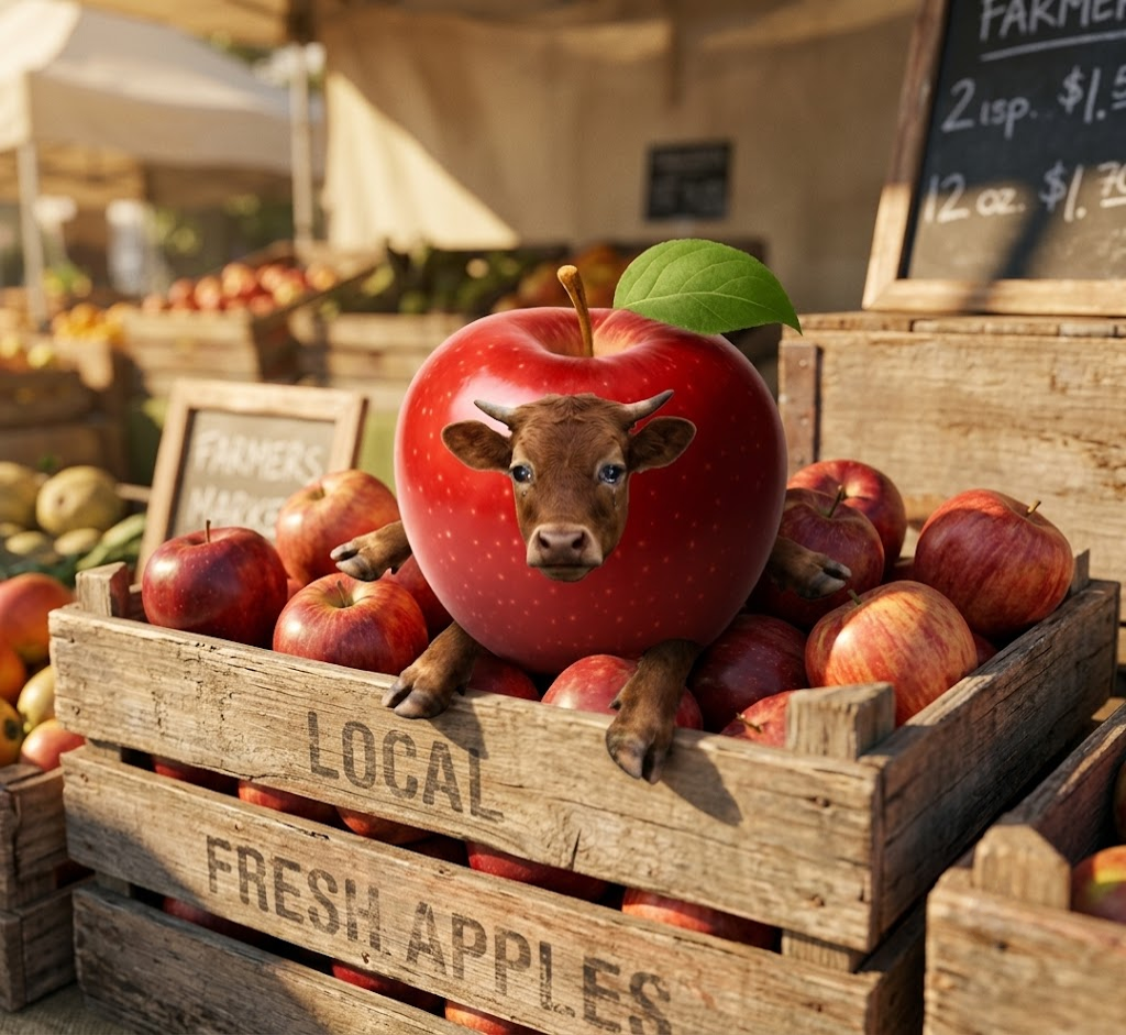 Apple Bull resting in a wooden fruit crate labeled LOCAL FRESH APPLES